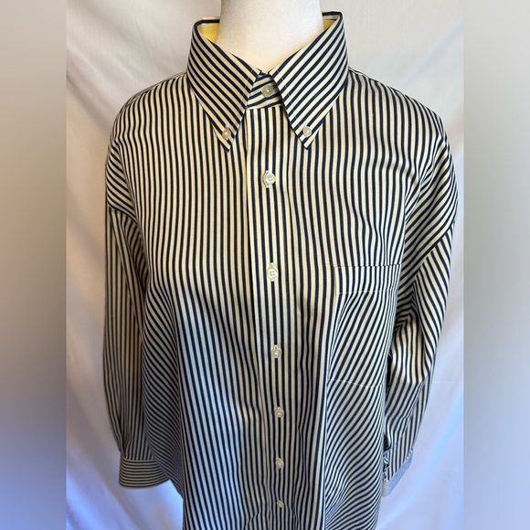 Paul Fredrick Non-iron Cotton Stripe Dress Shirt With Contrast Trim - Picture 9 of 14